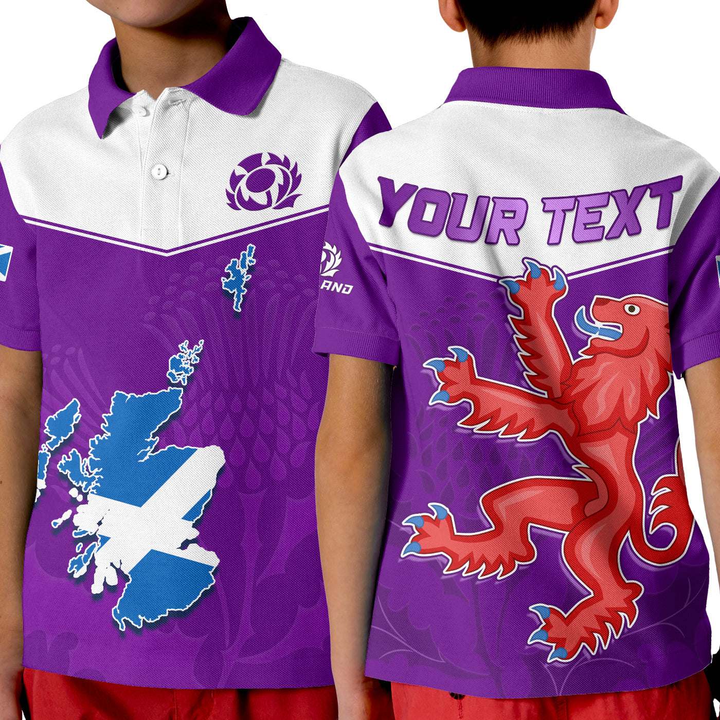 Custom Scotland Rugby Polo Shirt KID Map Of Scotland Thistle Purple Version - Wonder Print Shop