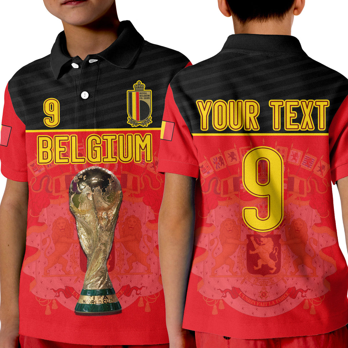 Kids Belgium football polo shirt, red with black collar, front print 9 and BELGIUM
