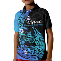 Kids polynesian polo shirt, black and turquoise with fish hook and flower graphic