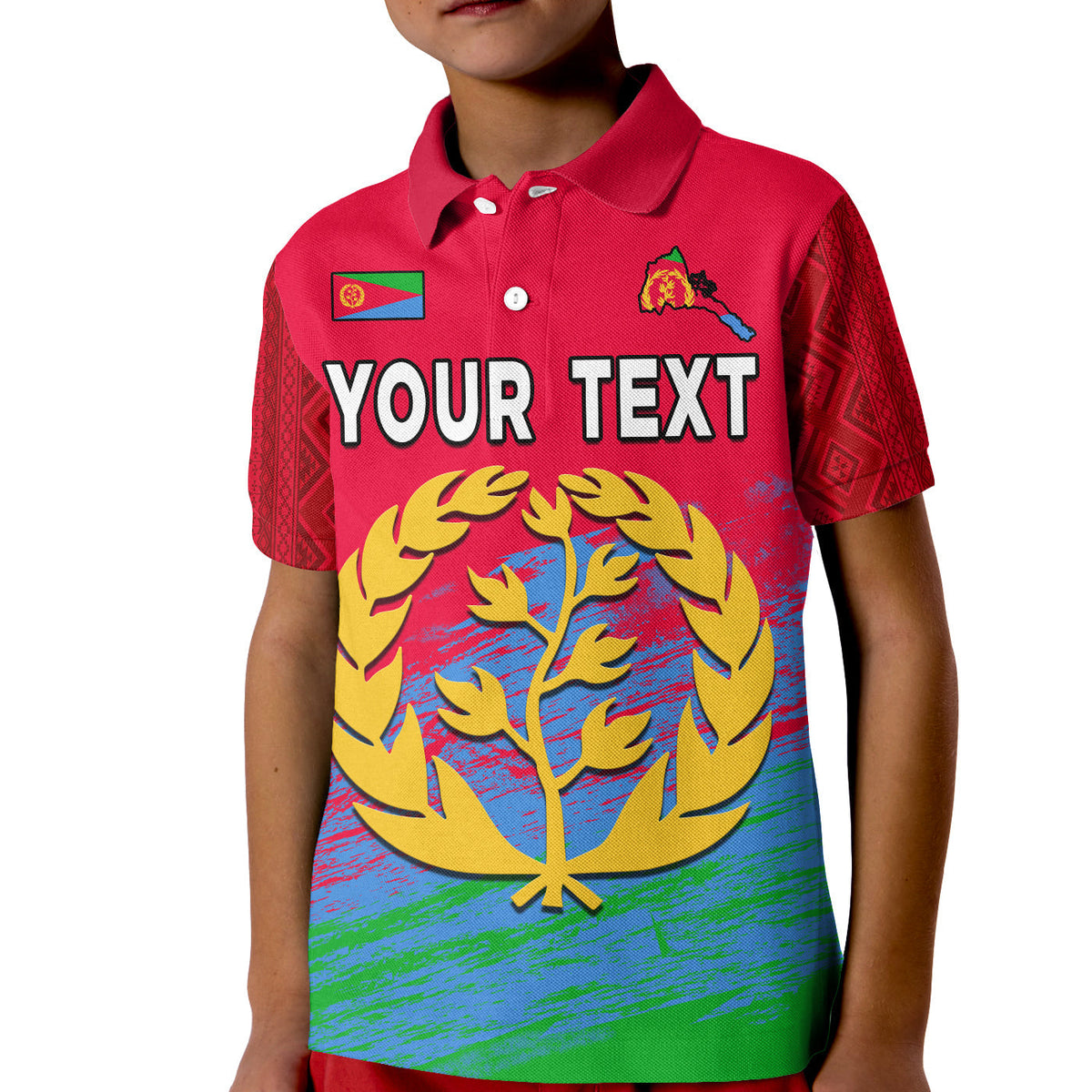 Kid red polo shirt, front print with Eritrea flag, YOUR TEXT, and gold tree emblem
