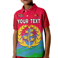 Kid red polo shirt, front print with Eritrea flag, YOUR TEXT, and gold tree emblem