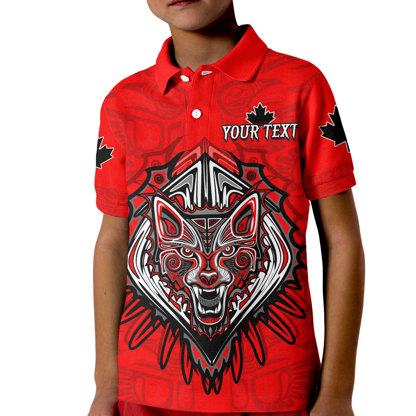 Custom Canada Maple Leaf Polo Shirt KID Red Haida Wolf LT13 - Wonder Print Shop