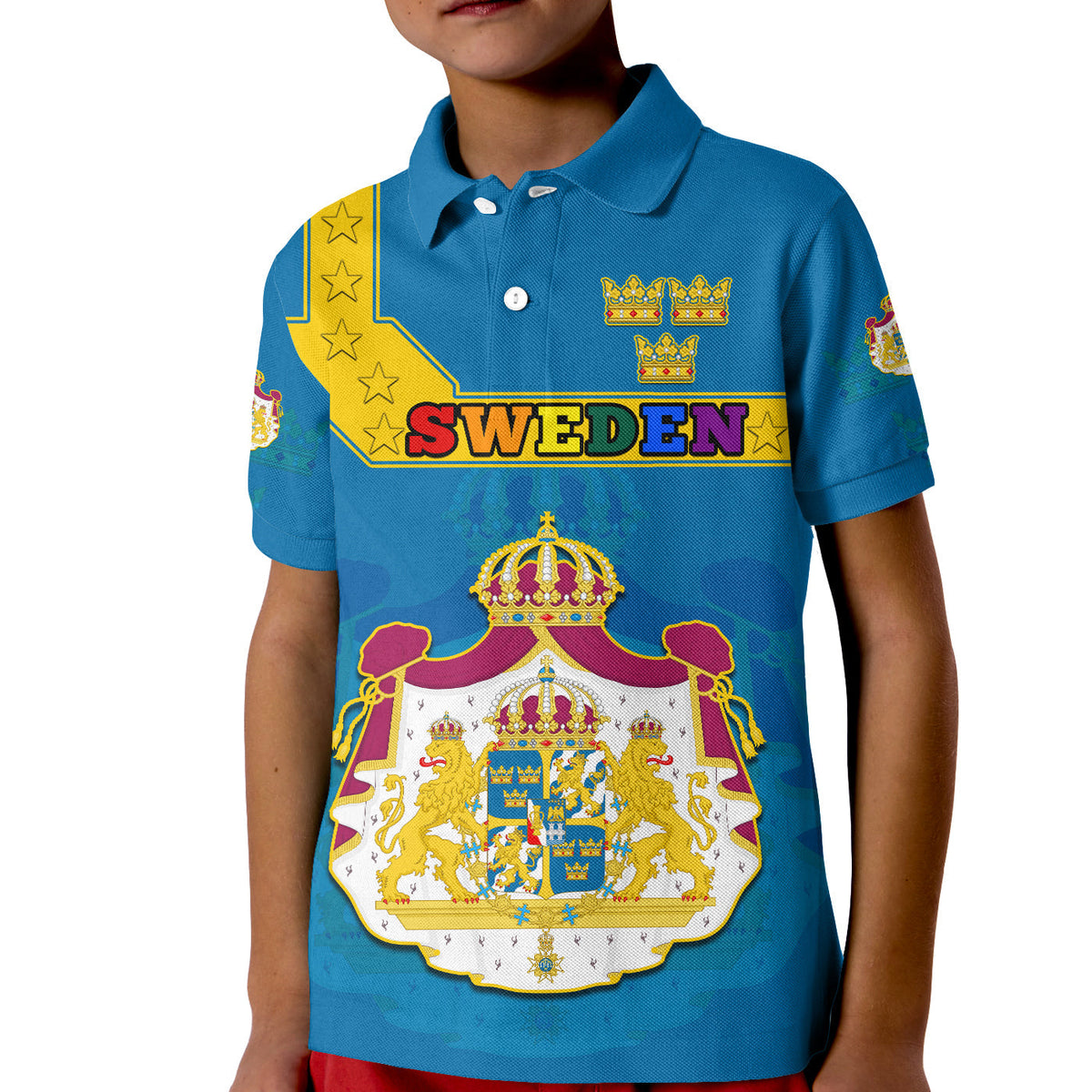 Blue kid polo shirt with Sweden graphic and crown coat of arms on front