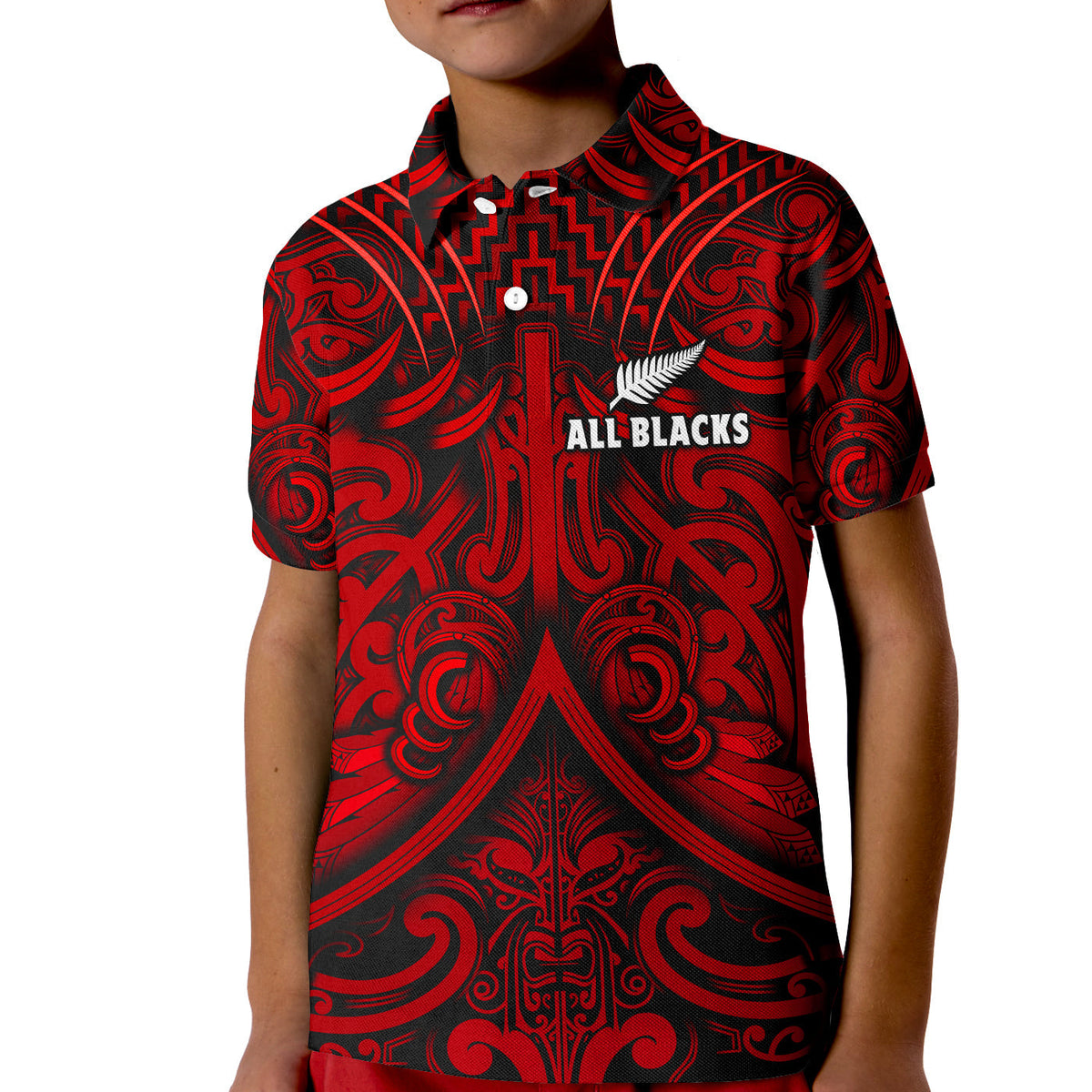 Kids rugby polo shirt, red-and-black Maori pattern, short sleeves, button placket