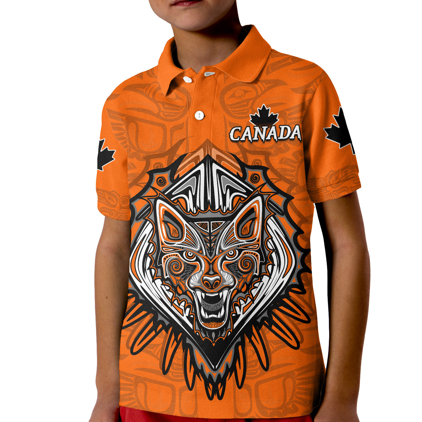 Canada Maple Leaf Polo Shirt KID Orange Haida Wolf LT13 - Wonder Print Shop