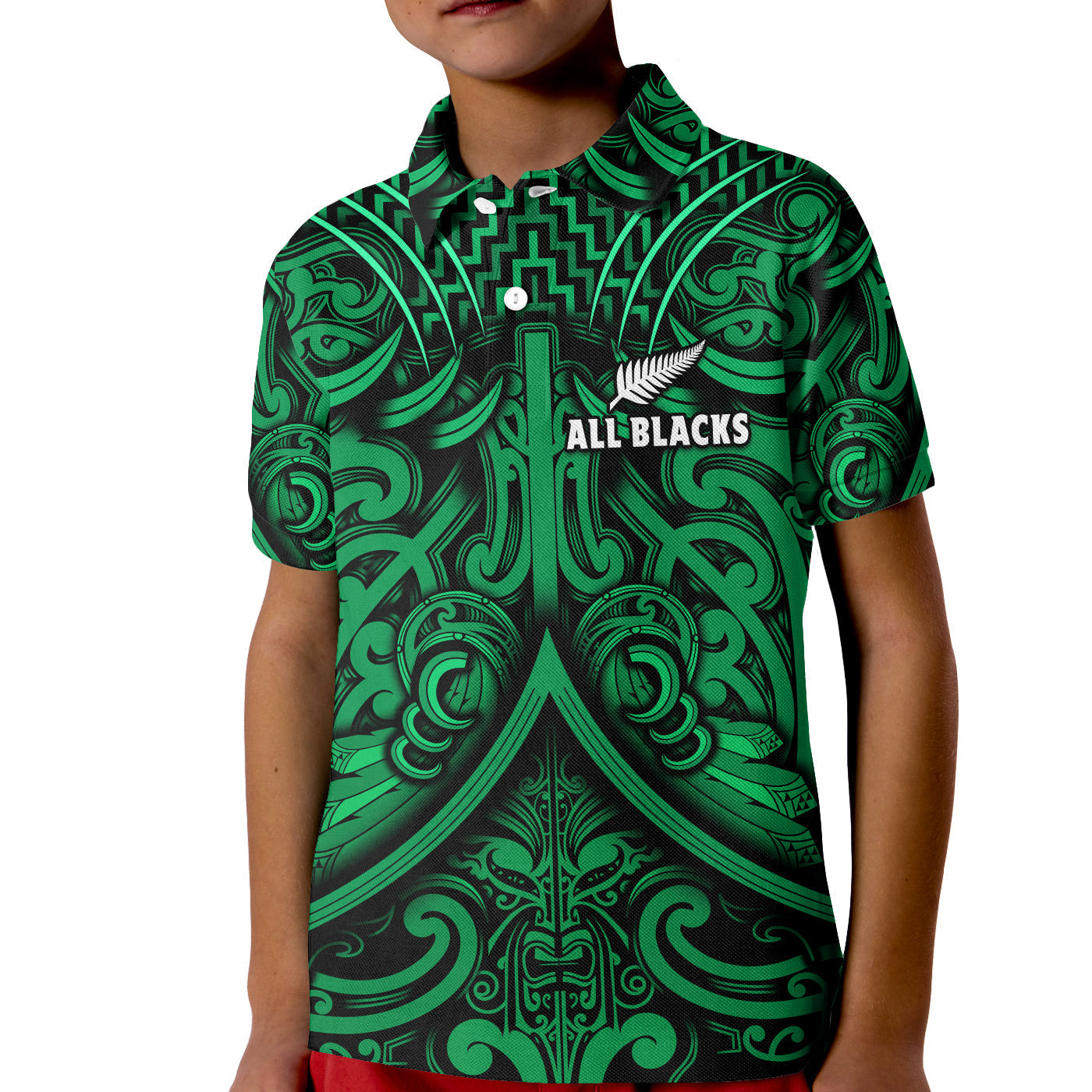 New Zealand Silver Fern Rugby Polo Shirt KID All Black Green NZ Maori Pattern LT13 - Wonder Print Shop