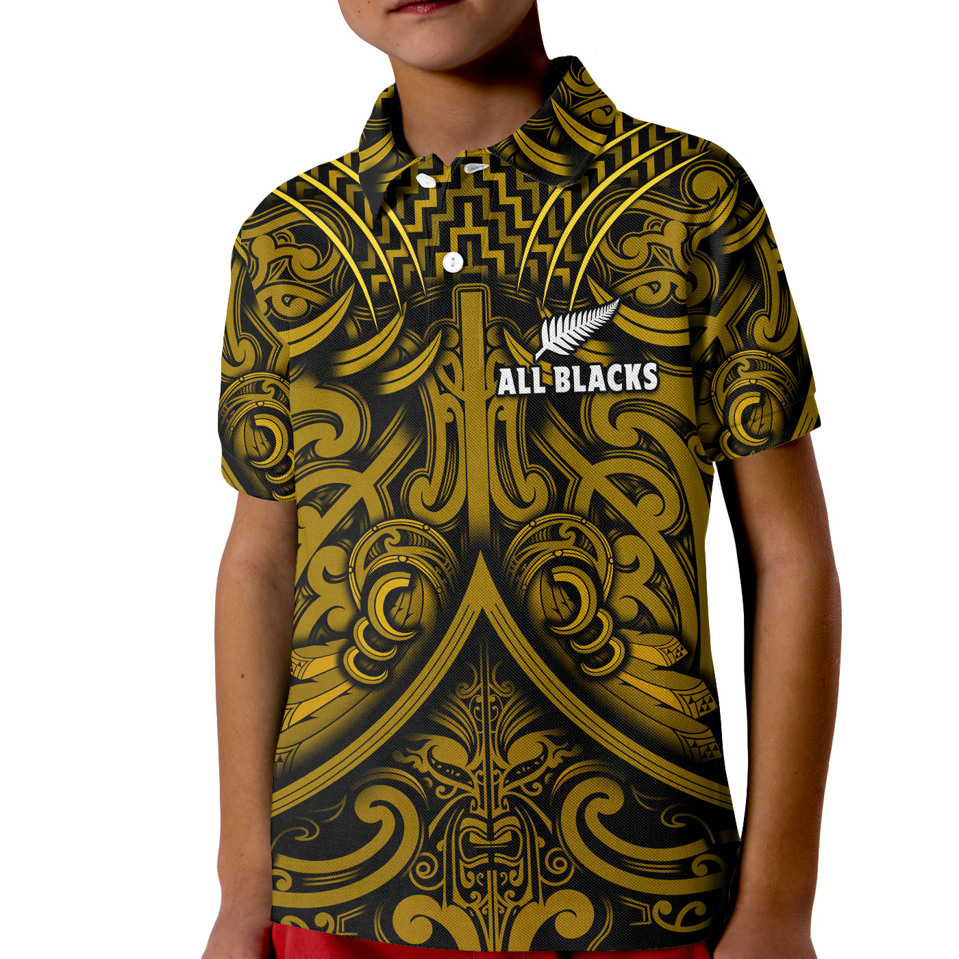 New Zealand Silver Fern Rugby Polo Shirt KID All Black Gold NZ Maori Pattern LT13 - Wonder Print Shop