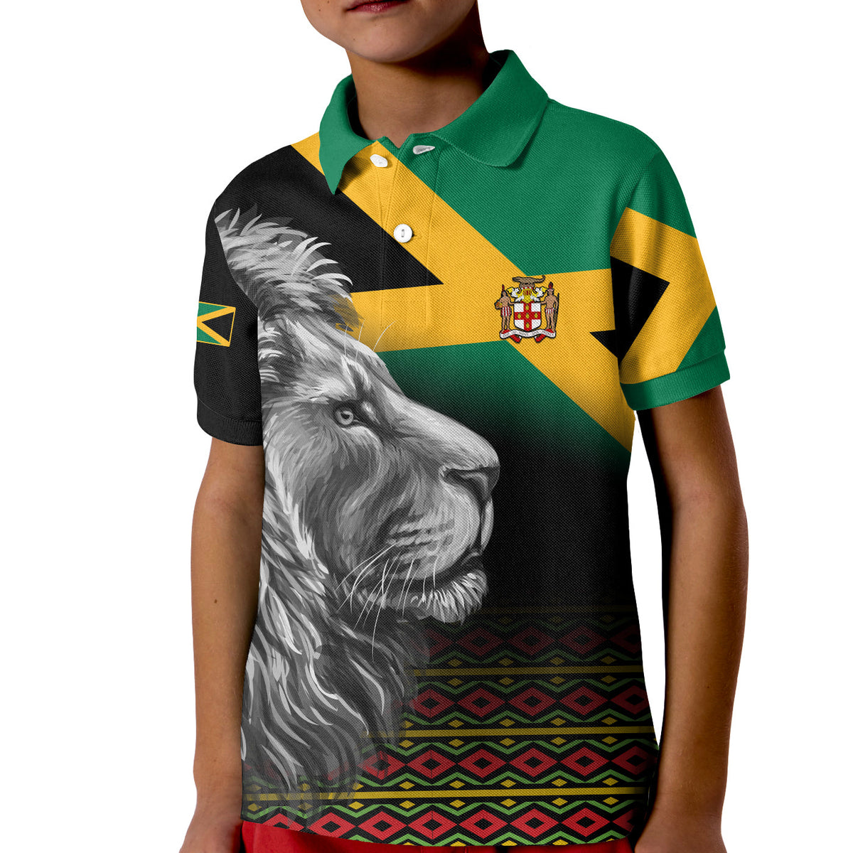 Kids lion graphic polo shirt with crest logo, green-yellow bands over black jersey