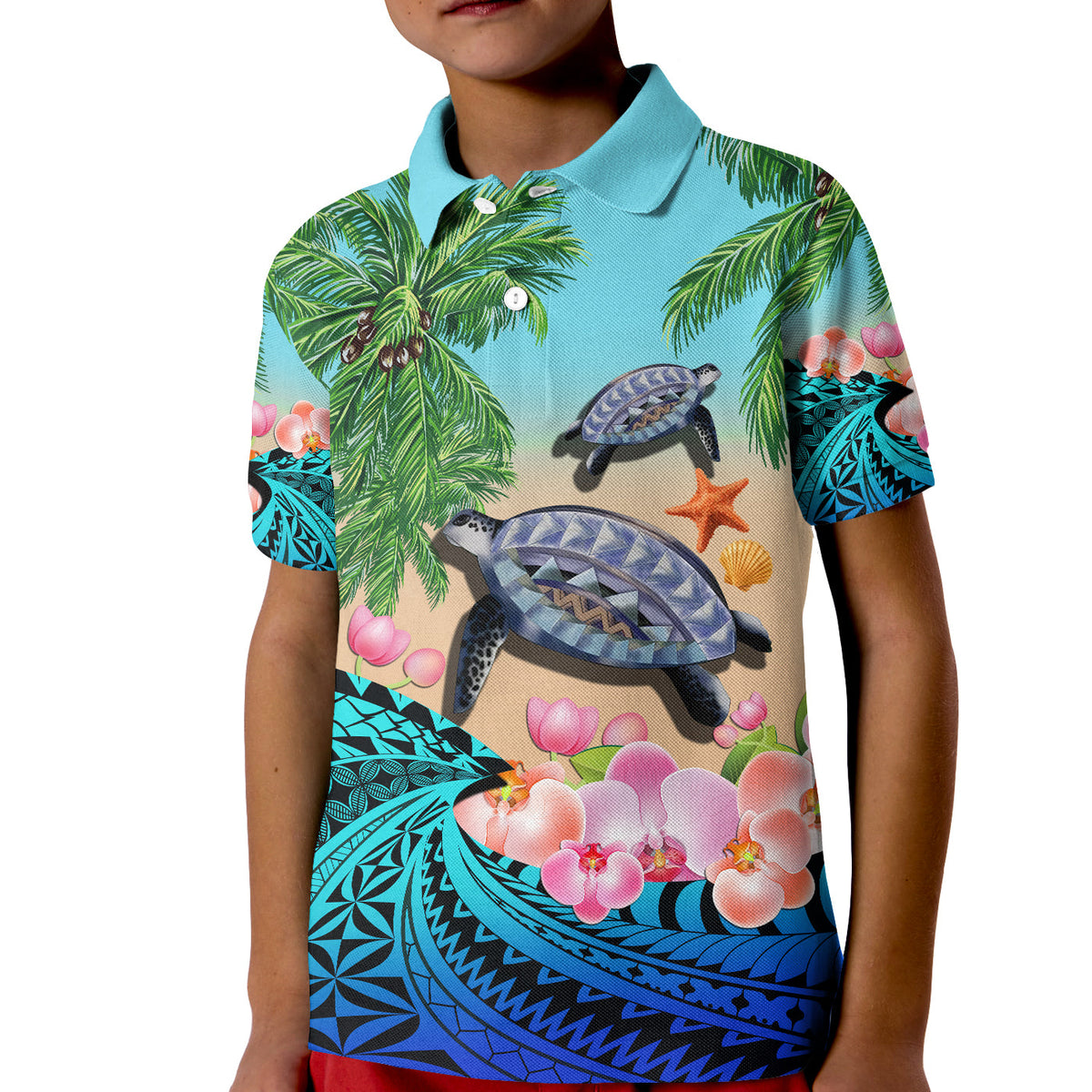 Turquoise polo shirt front with turtle figures, orchids, palm leaves and wave patterns