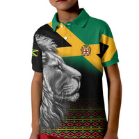Kids lion graphic polo shirt with crest logo, green-yellow bands over black jersey
