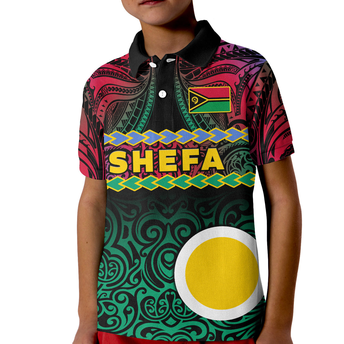 Kids black polo shirt with Shefa front graphic and multicolor tribal patterns