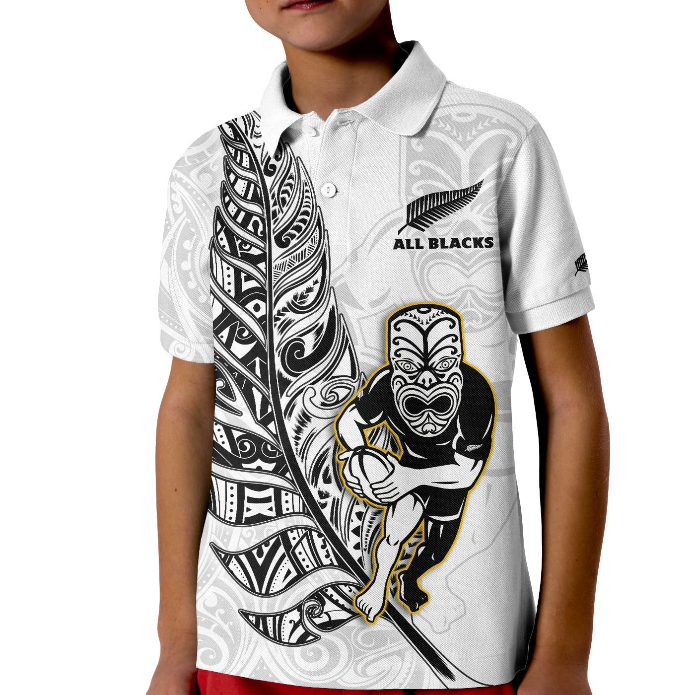 New Zealand 2022 Rugby Polo Shirt KID All Black Silver Fern Maori Pattern Version White - Wonder Print Shop