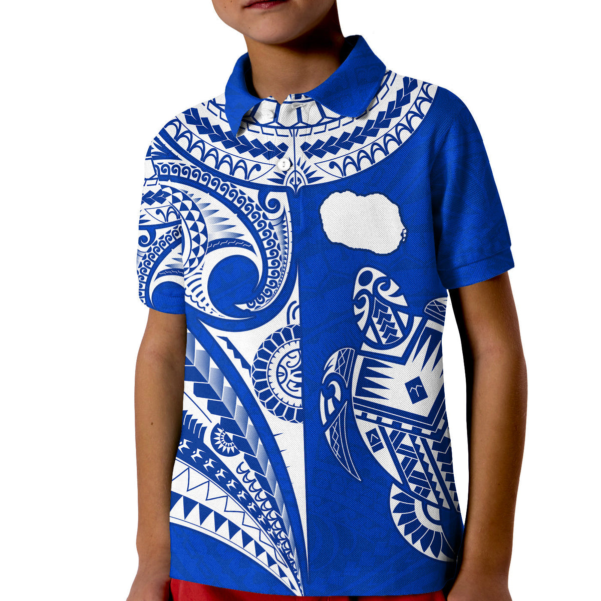 Kids blue polo shirt with white tiki map and turtle graphic, button placket