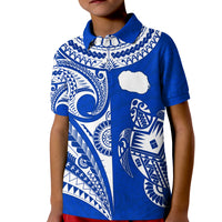 Kids blue polo shirt with white tiki map and turtle graphic, button placket