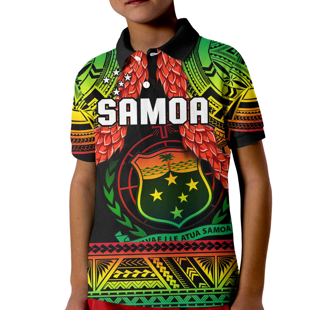 Kids rugby polo T-shirt, black collar, red scale pattern and SAMOA crest graphic in green/yellow