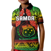 Kids rugby polo T-shirt, black collar, red scale pattern and SAMOA crest graphic in green/yellow