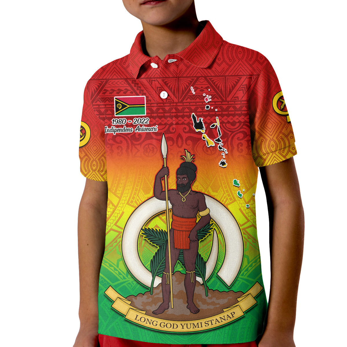 Kids red polo shirt with Independence Anniversary front graphic, short sleeves and collar