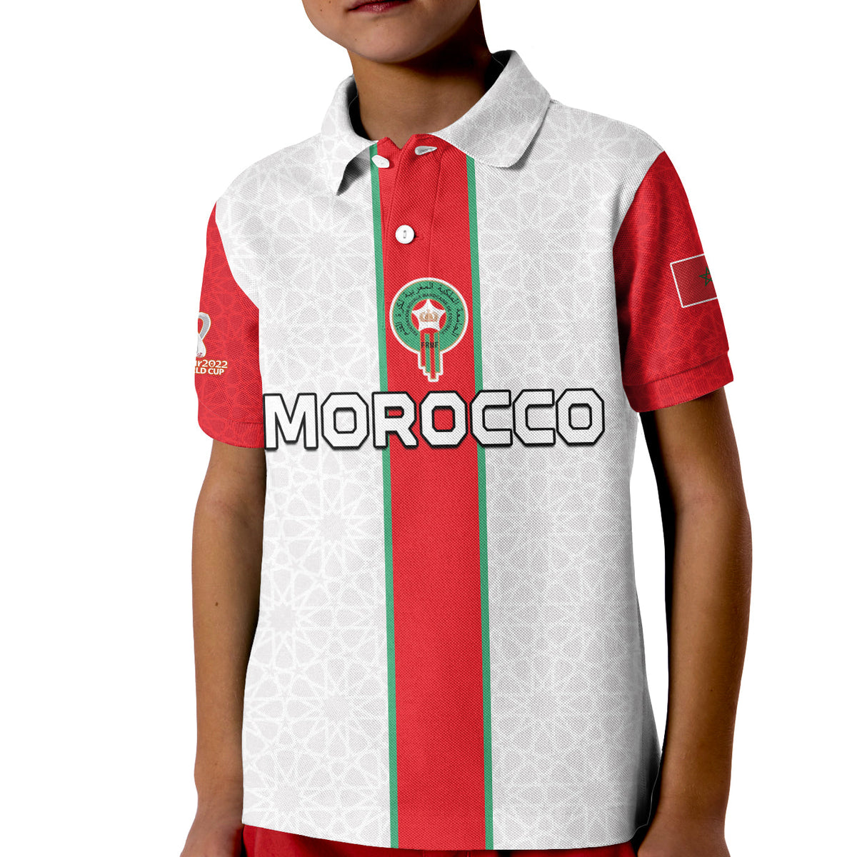 Kids Morocco football polo shirt, white with red-green stripe and button collar