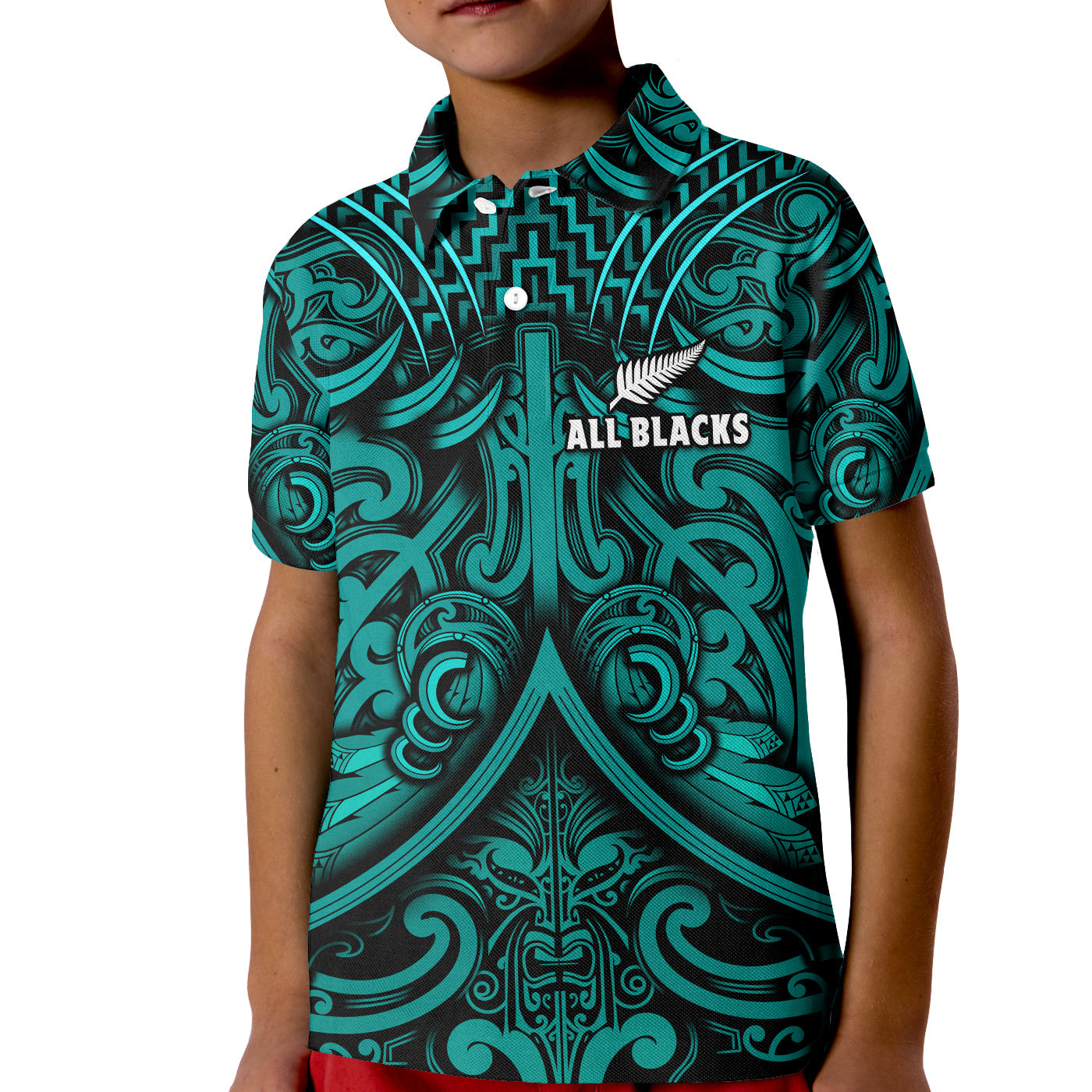 New Zealand Silver Fern Rugby Polo Shirt KID All Black Turquoise NZ Maori Pattern LT13 - Wonder Print Shop