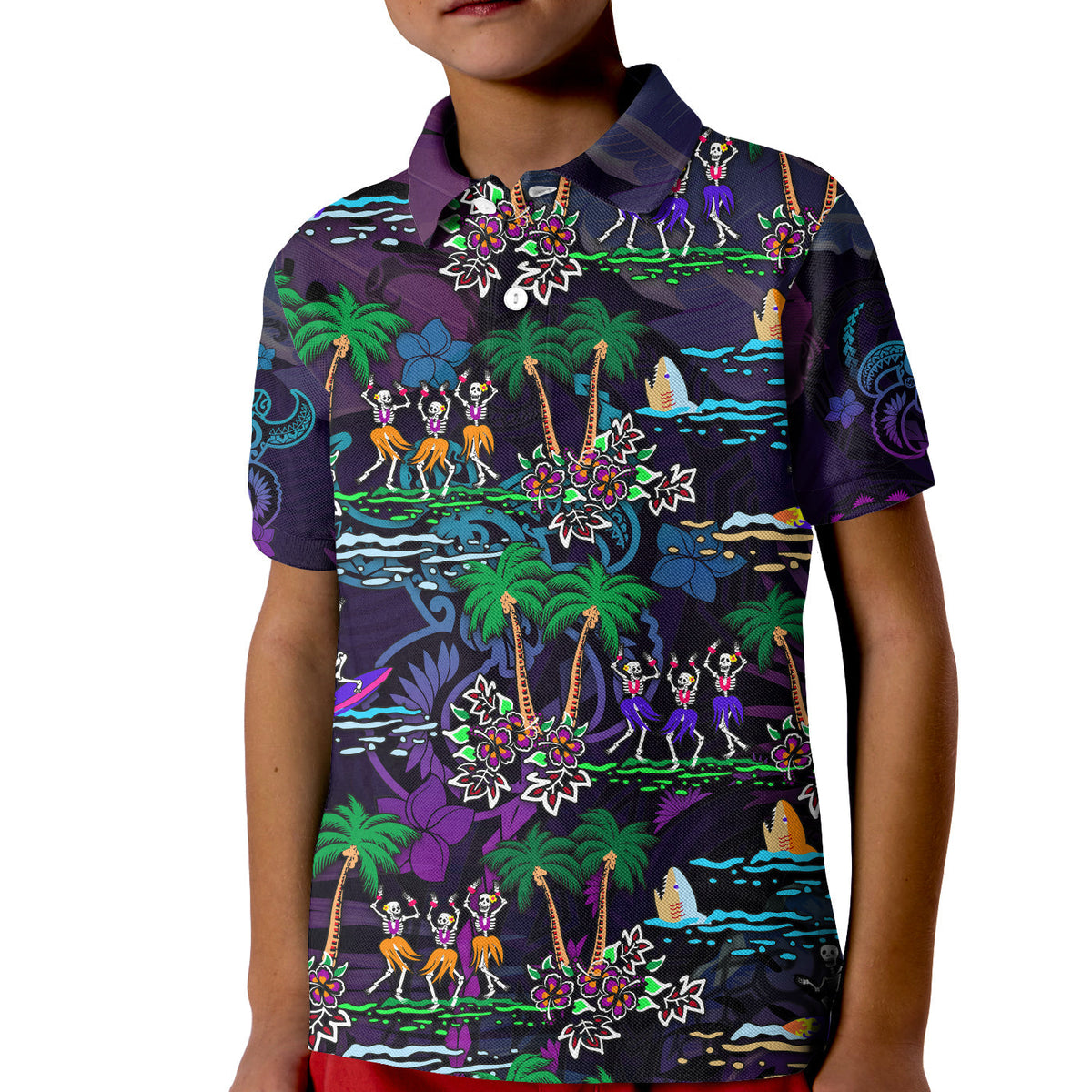 Kids' purple polo shirt with skeleton dancers and Hawaiian print of palms, flowers
