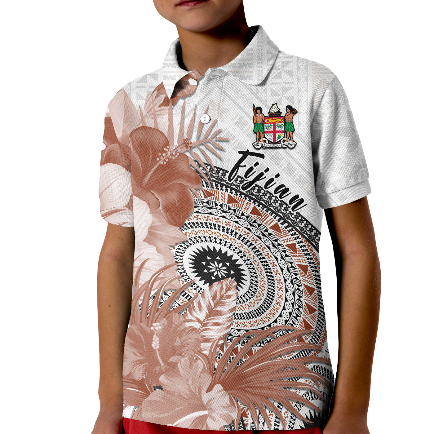 Fiji Tapa Polo Shirt KID White Fijian Masi Be Loved Hibiscus LT13 - Wonder Print Shop