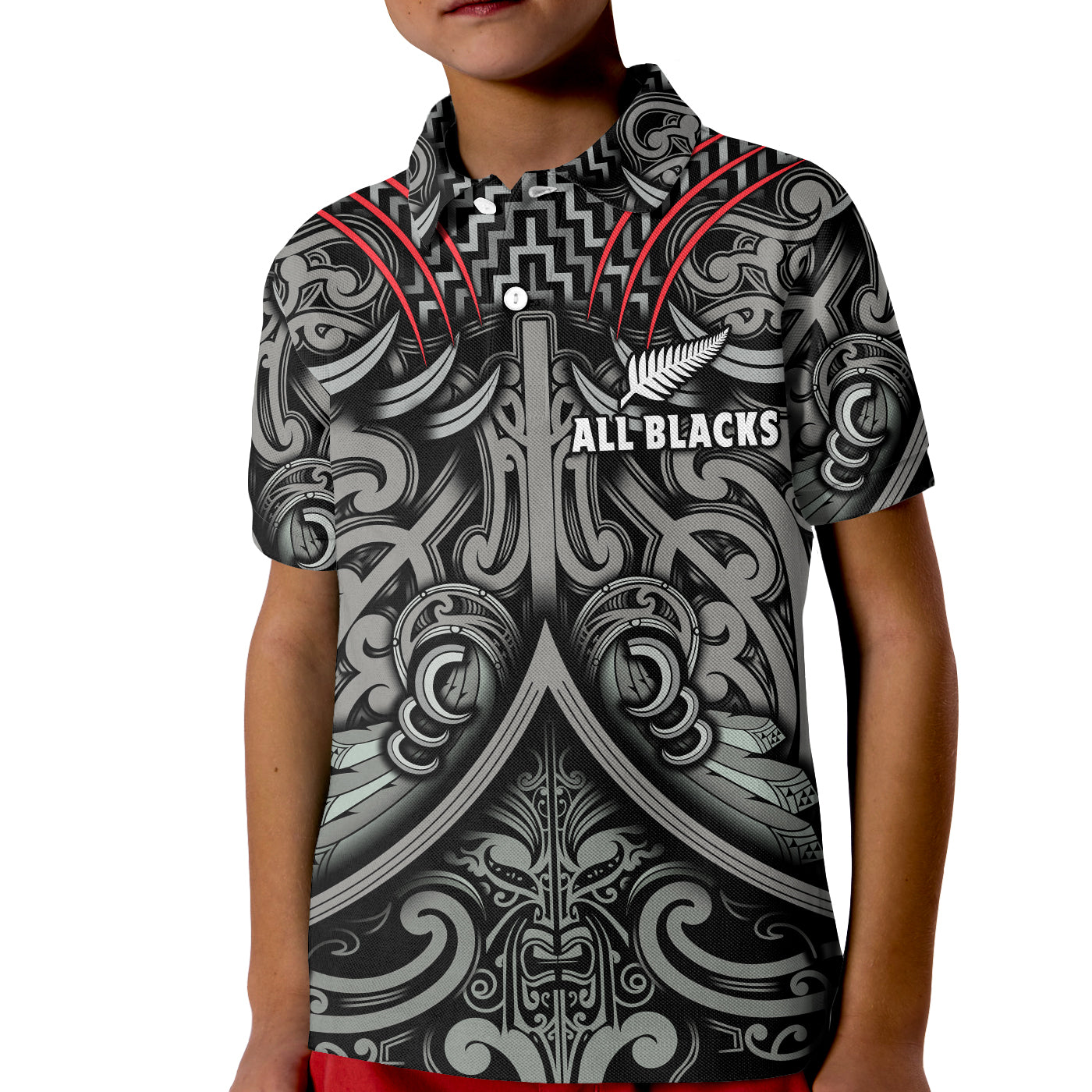 New Zealand Silver Fern Rugby Polo Shirt KID All Black NZ Maori Pattern LT13 - Wonder Print Shop