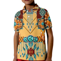 Model wearing Native American polo with dreamcatcher beadwork print and turquoise accents