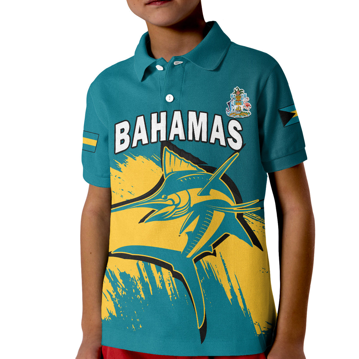 Kids blue polo shirt with Bahamas logo and marlin graphic on front
