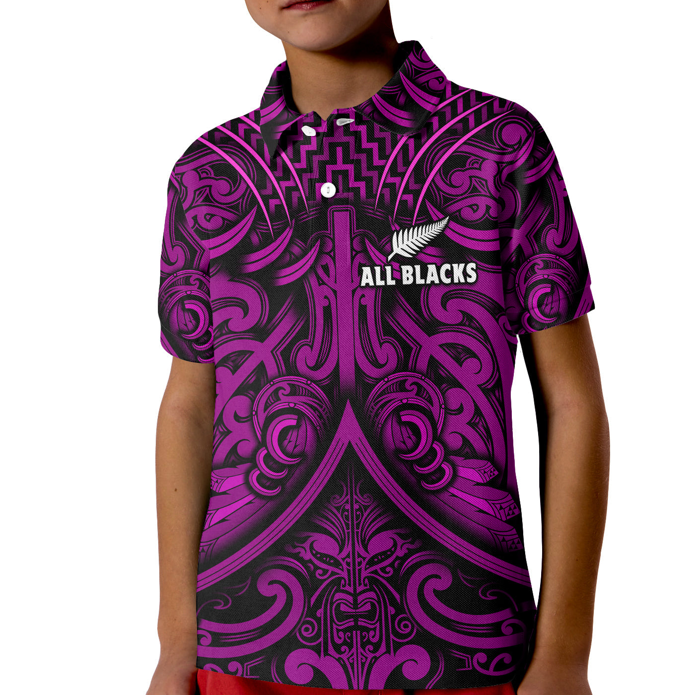 Custom Text and Number New Zealand Silver Fern Rugby Polo Shirt KID All Black Purple NZ Maori Pattern LT13 - Wonder Print Shop