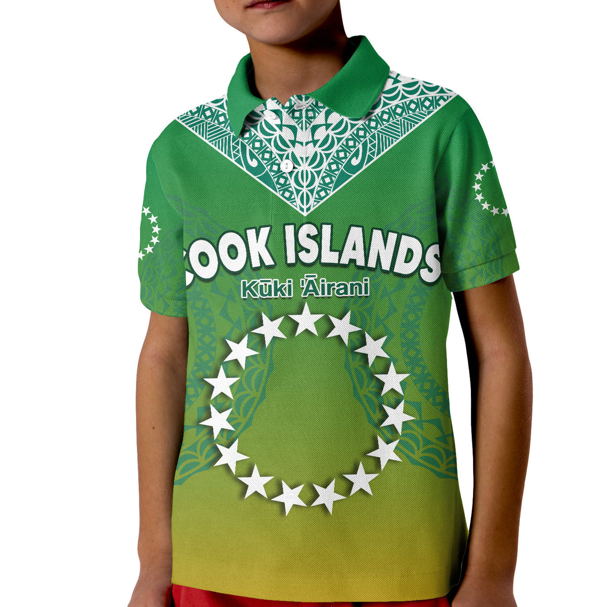 Green polo shirt on child with white collar pattern and star-ring sea turtle design, front