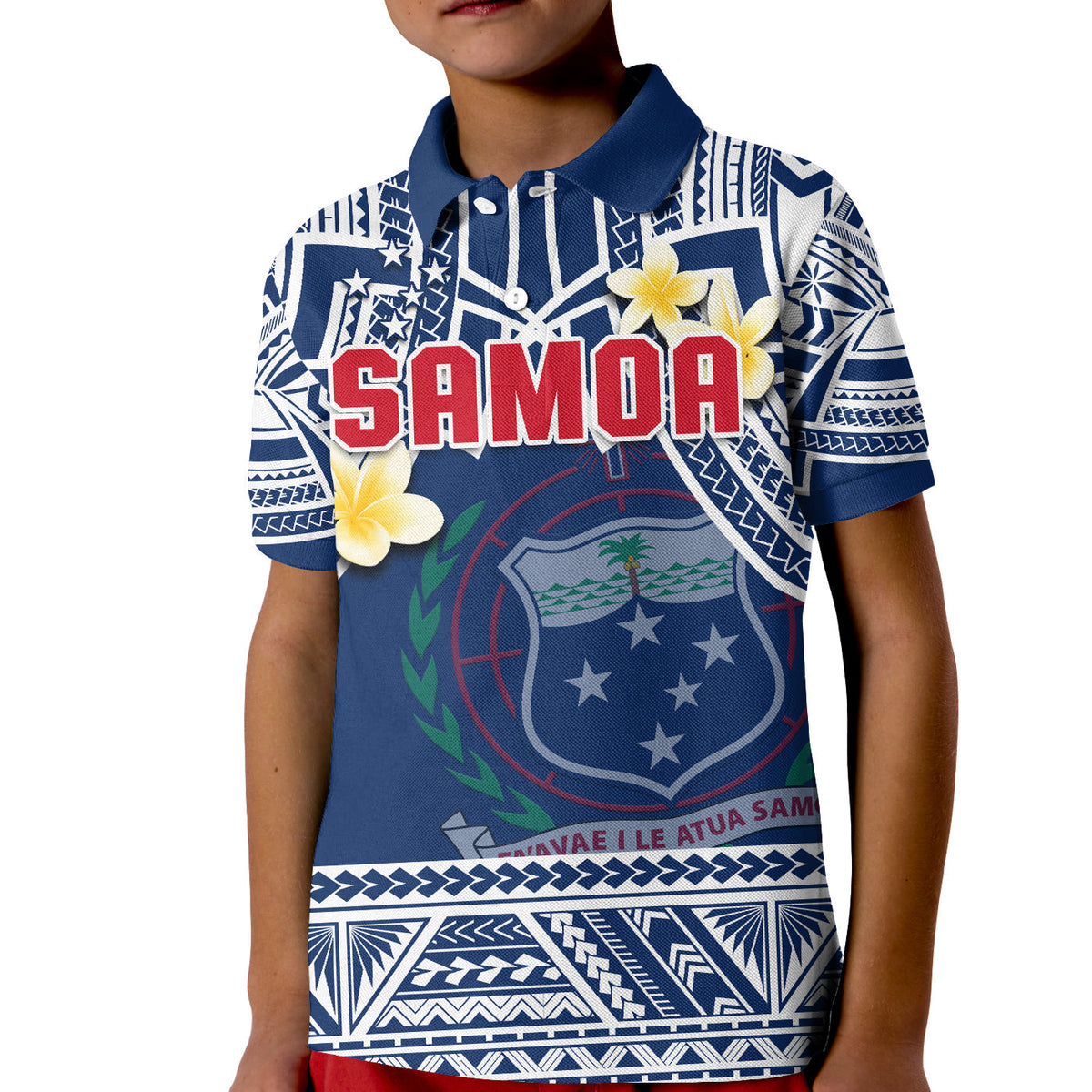Kids blue polo shirt with plumeria flowers, Samoa crest shield, and SAMOA lettering