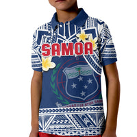 Kids blue polo shirt with plumeria flowers, Samoa crest shield, and SAMOA lettering