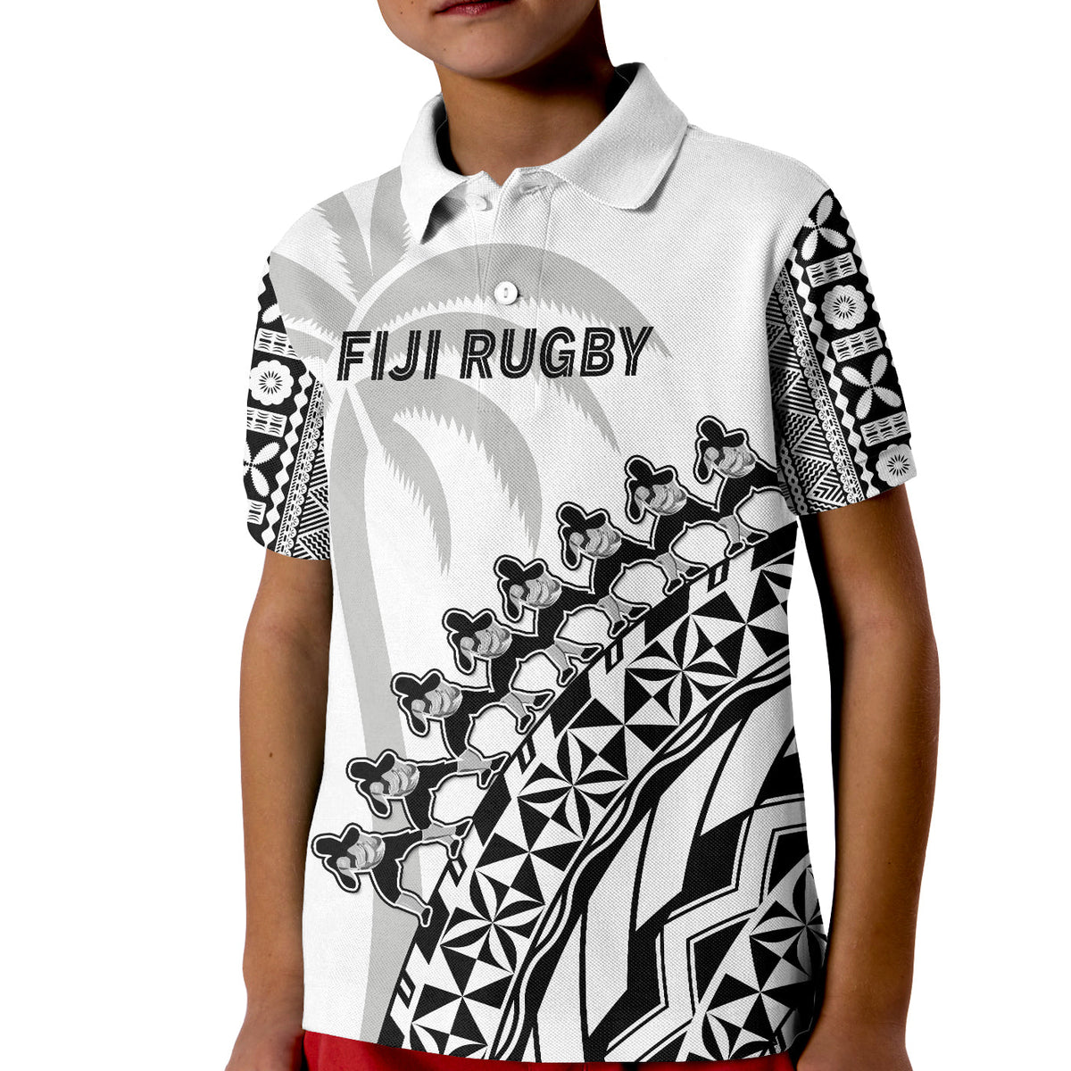 White rugby polo shirt with black tapa graphic, button collar, short sleeves