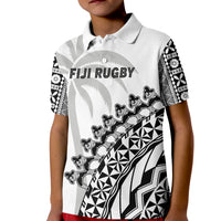 White rugby polo shirt with black tapa graphic, button collar, short sleeves