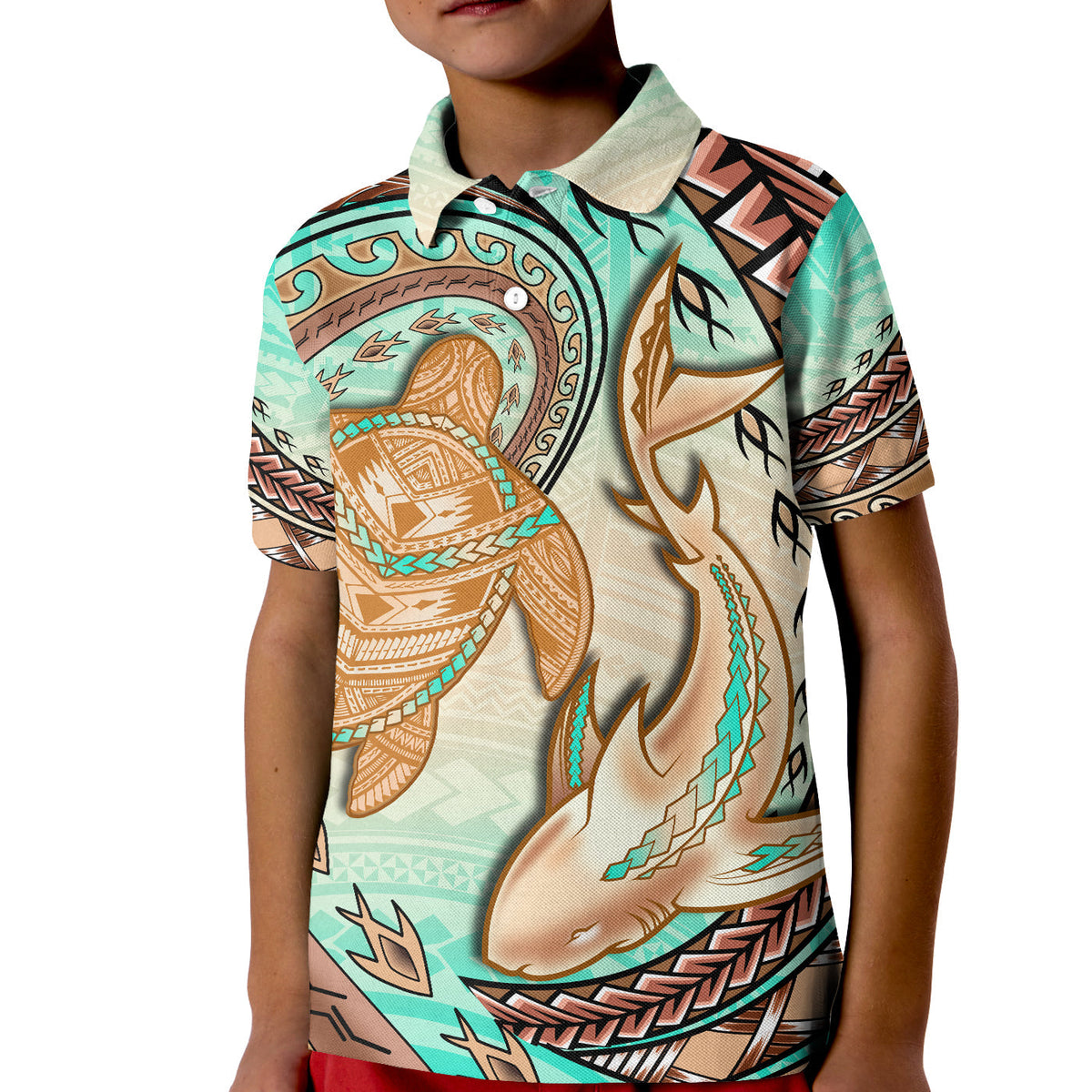 Kids turquoise polo shirt with shark and turtle graphic print, short sleeves, collar