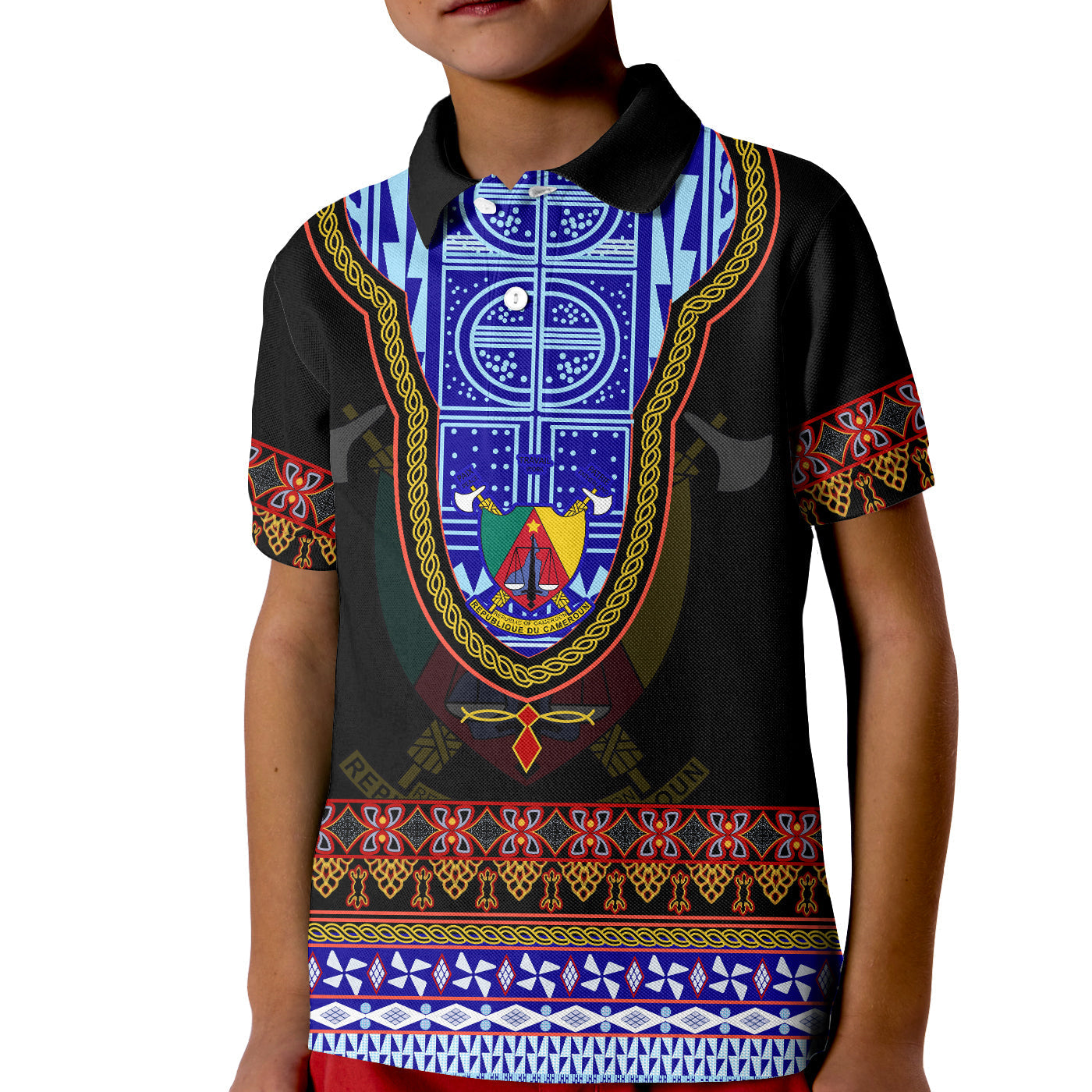 Cameroon Polo Shirt KID Atoghu Pattern Black Style - Wonder Print Shop