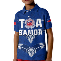Blue rugby polo shirt with button collar, large Samoa text and crest graphic on chest.