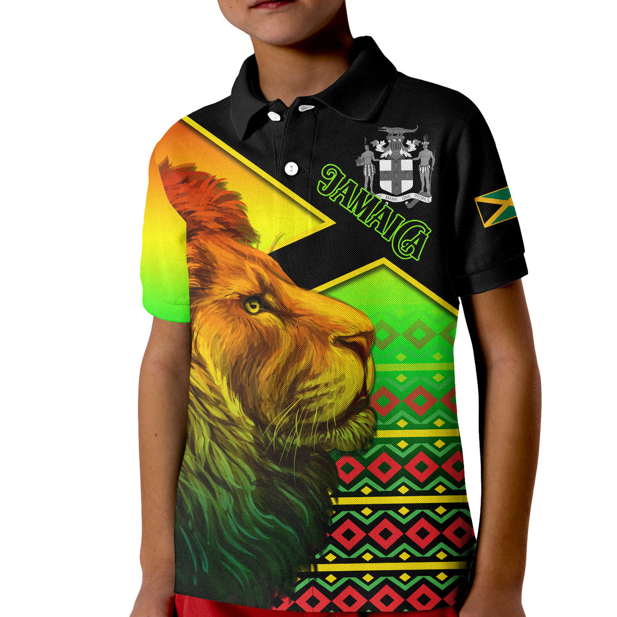 Kids black polo with lion graphic and Jamaica text, multicolor tribal stripe print