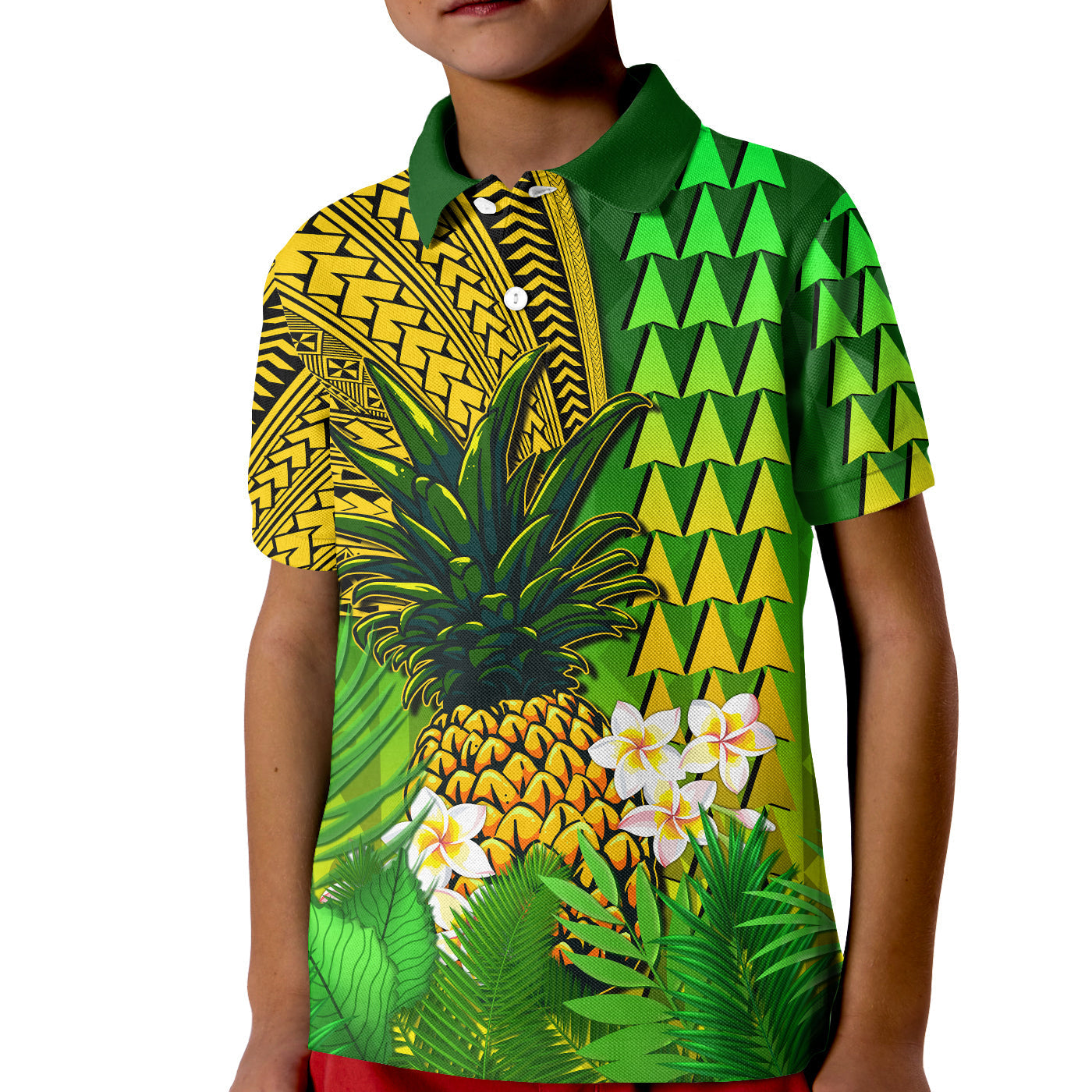 Hawaii Pineapple Polo Shirt KID Plumeria Frangipani Mix Tribal Pattern LT13 - Wonder Print Shop