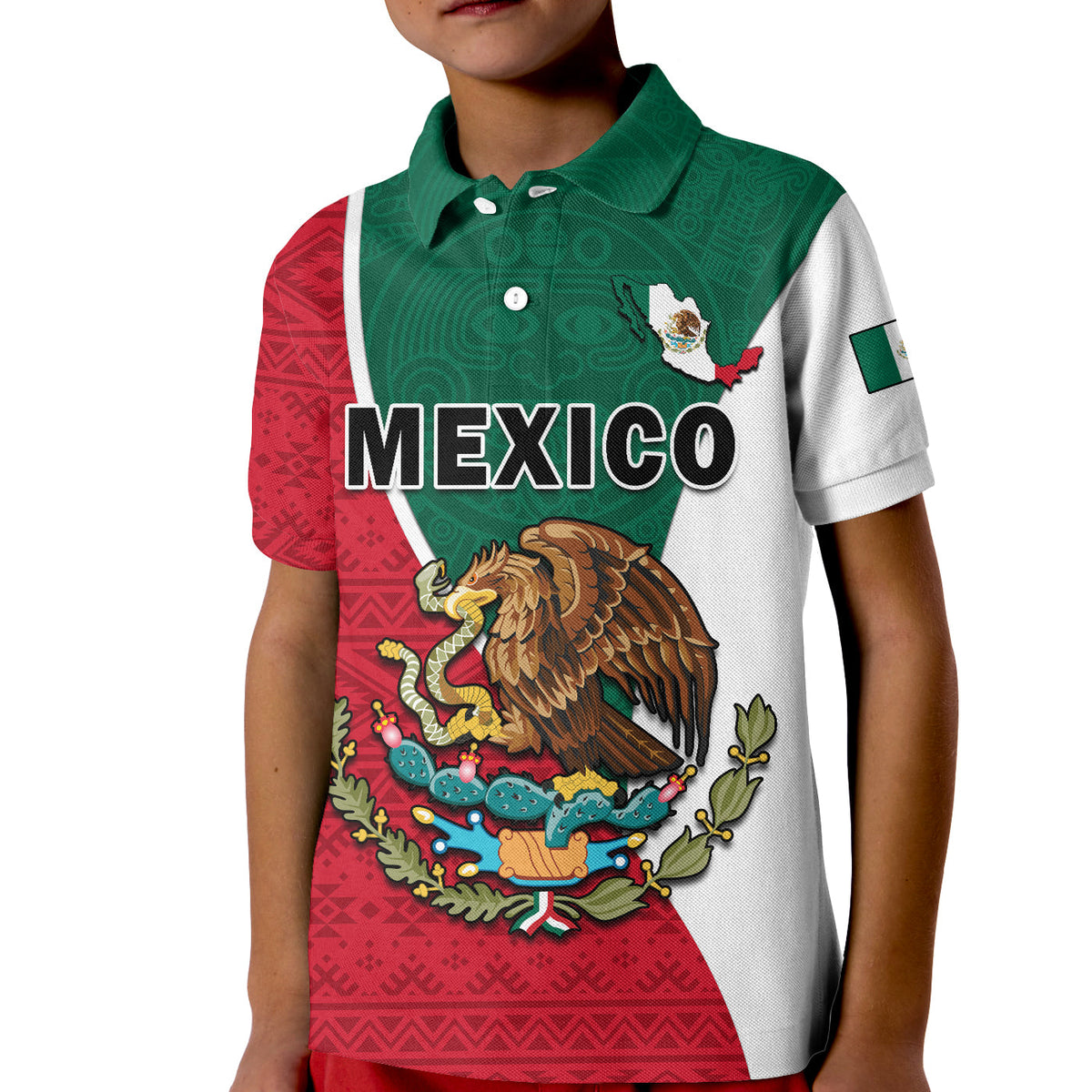 Kids Mexico polo: green/white/red aztec panels, eagle graphic, MEXICO text