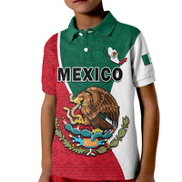 Kids Mexico polo: green/white/red aztec panels, eagle graphic, MEXICO text
