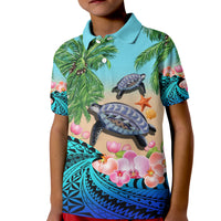 Kids light-blue polo shirt with turtle and tropical orchid floral print