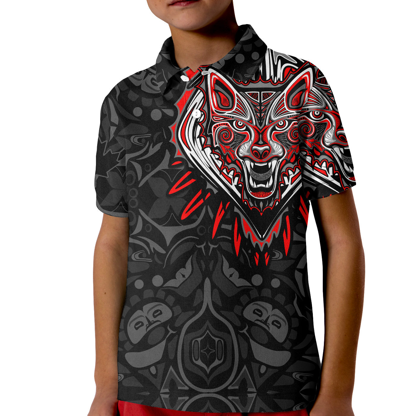 Canada Wolf Polo Shirt KID Haida and Maple Leaf LT13 - Wonder Print Shop