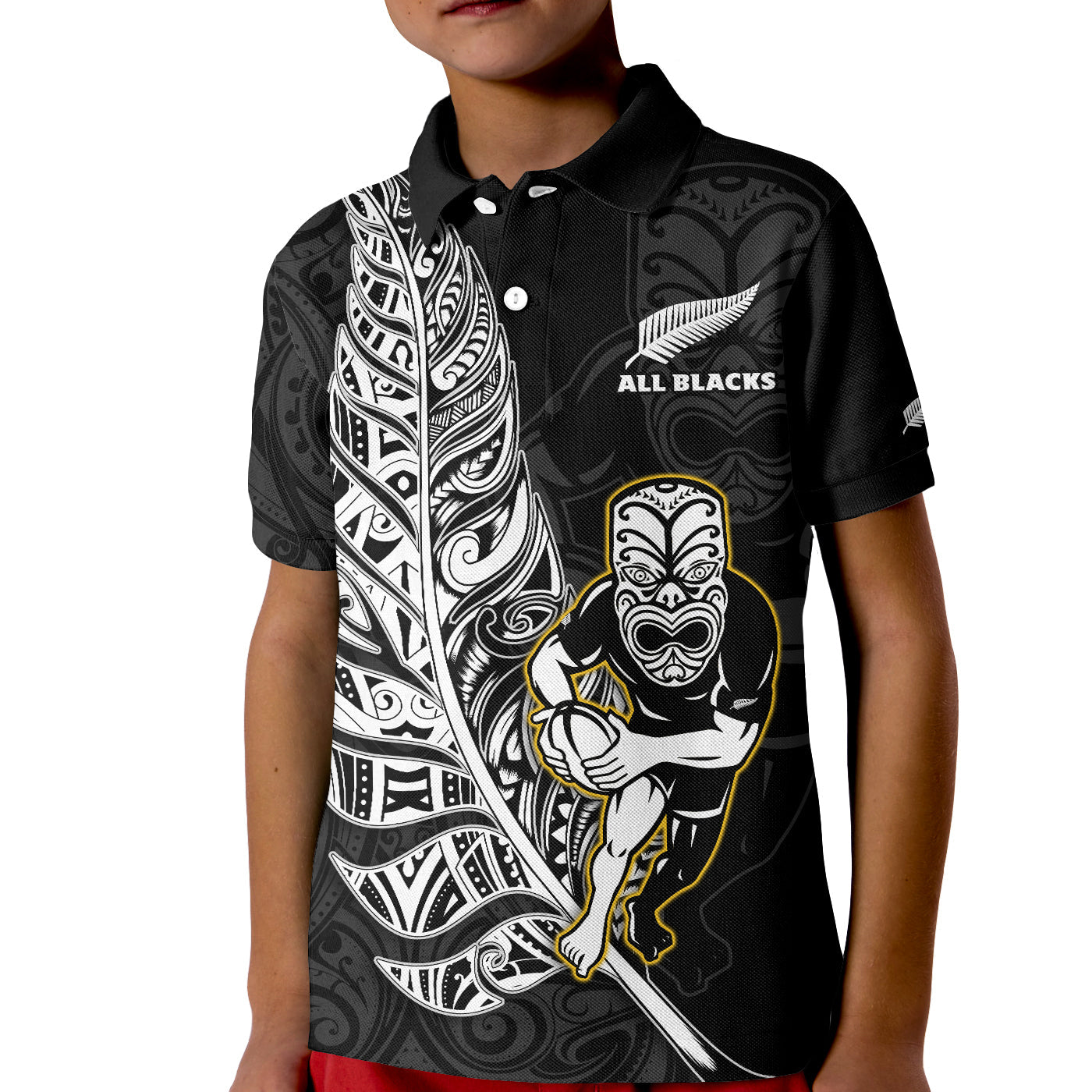 New Zealand 2022 Rugby Polo Shirt KID All Black Silver Fern Maori Pattern Version Black - Wonder Print Shop