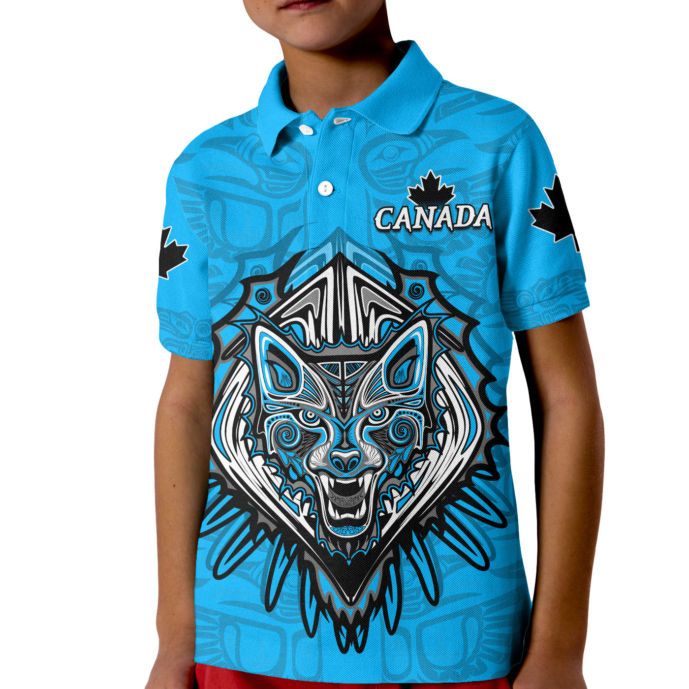 Canada Maple Leaf Polo Shirt KID Blue Haida Wolf LT13 - Wonder Print Shop