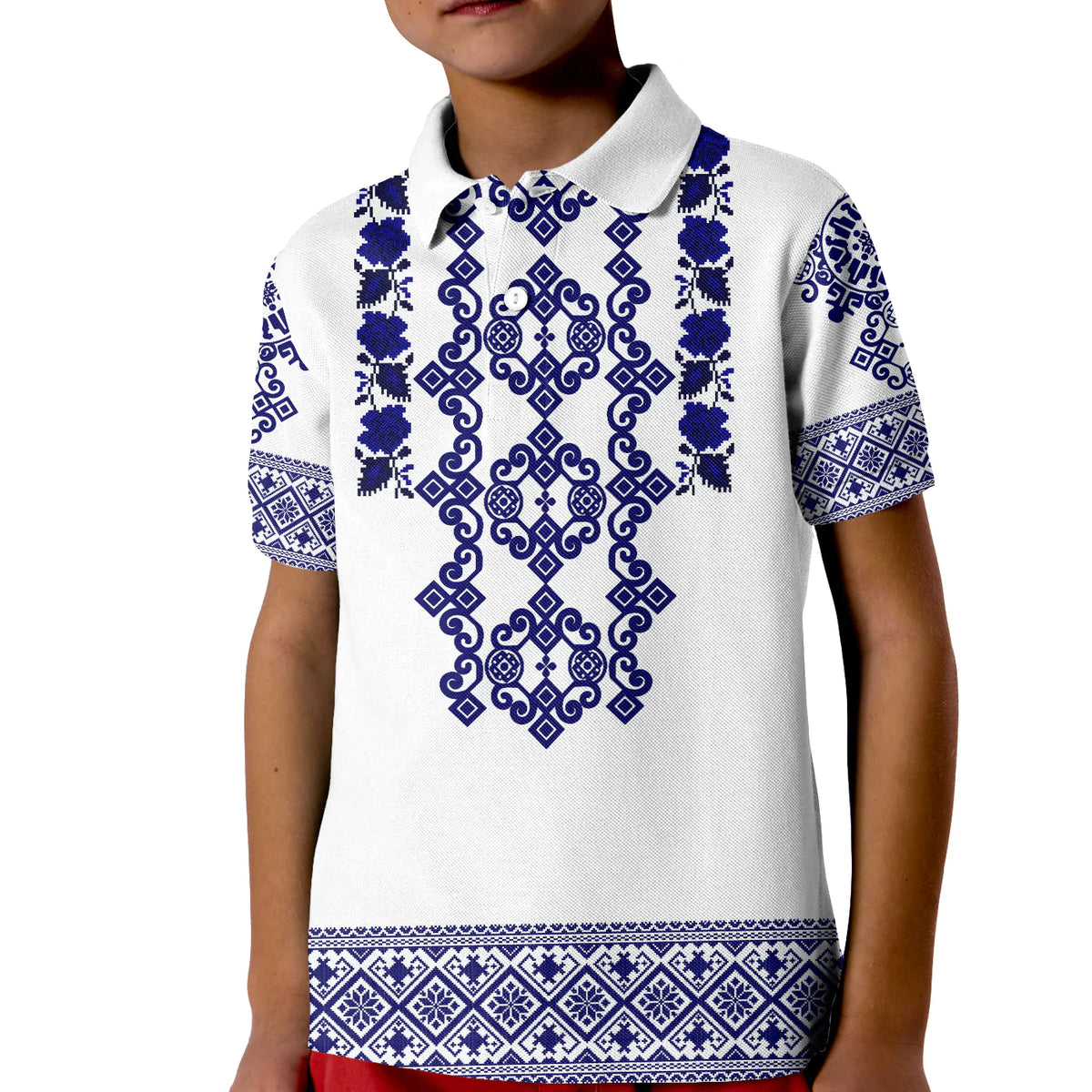 Kids white polo shirt with blue folk pattern on front and short sleeves