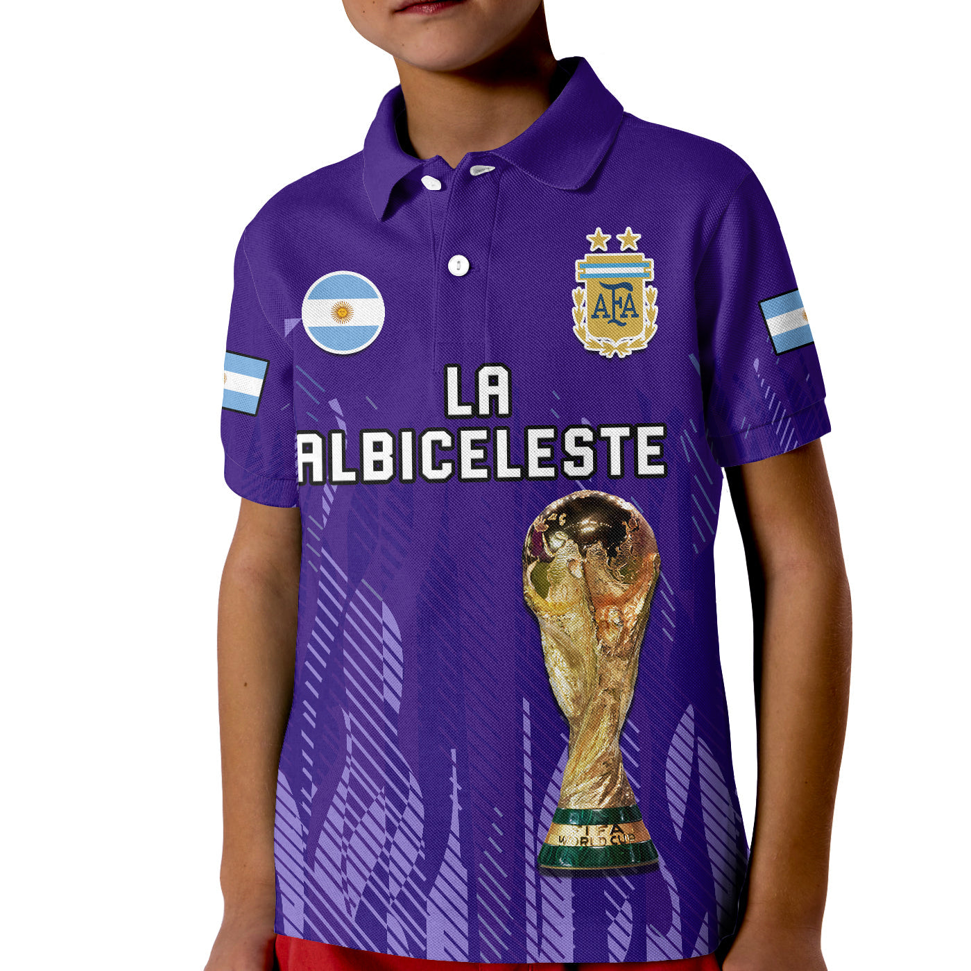 Argentina Football Polo Shirt KID La Albiceleste Campeon Proud Purple 2022 - Wonder Print Shop