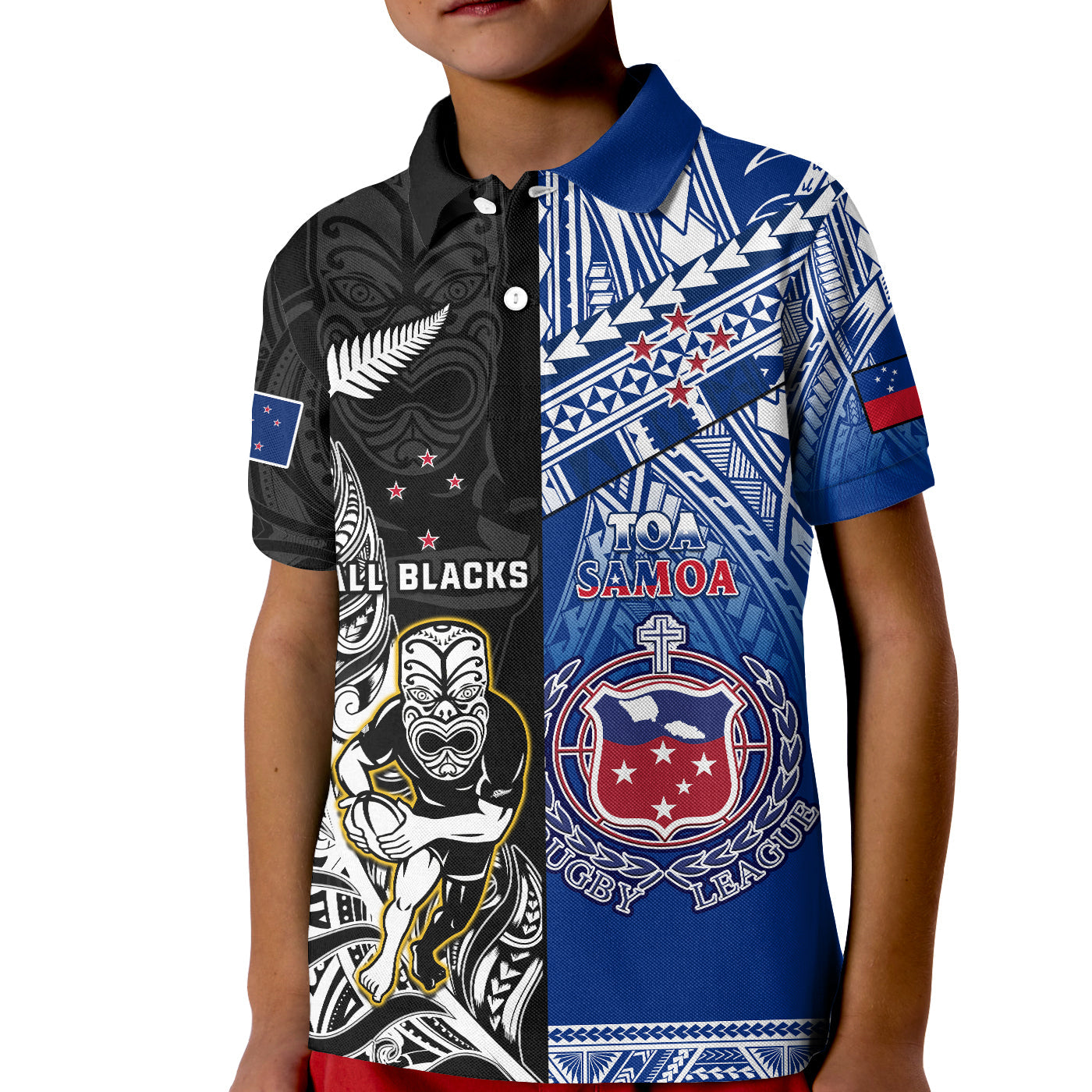 Custom All Black And Toa Samoa Rugby Polo Shirt KID NZ Maori Fern Mix Polynesian - Wonder Print Shop