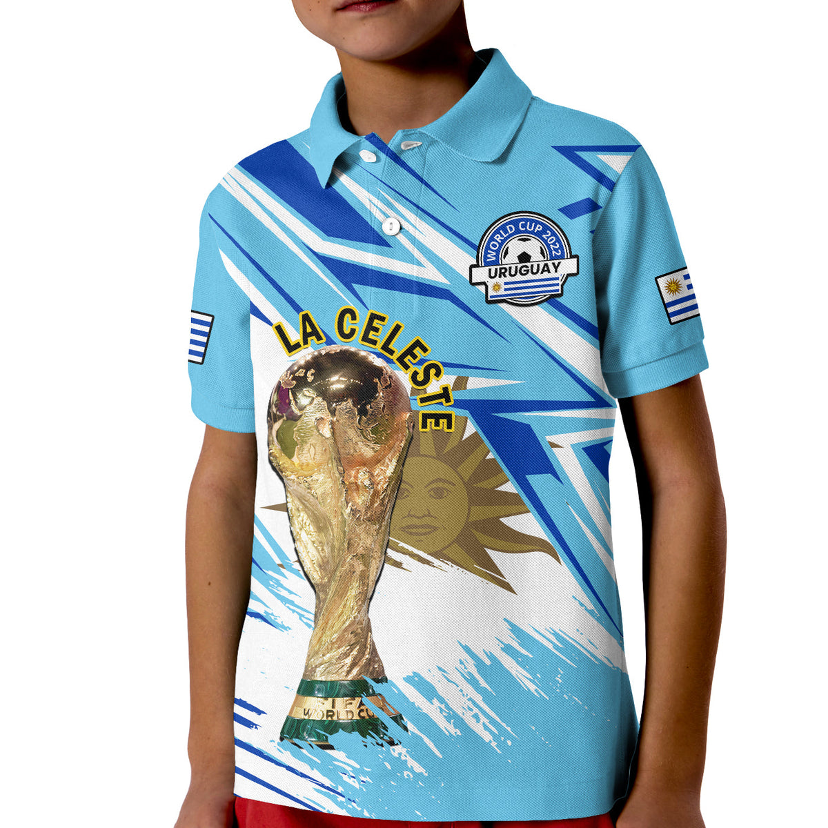 Kids' football polo shirt, light blue with front graphic and trophy print