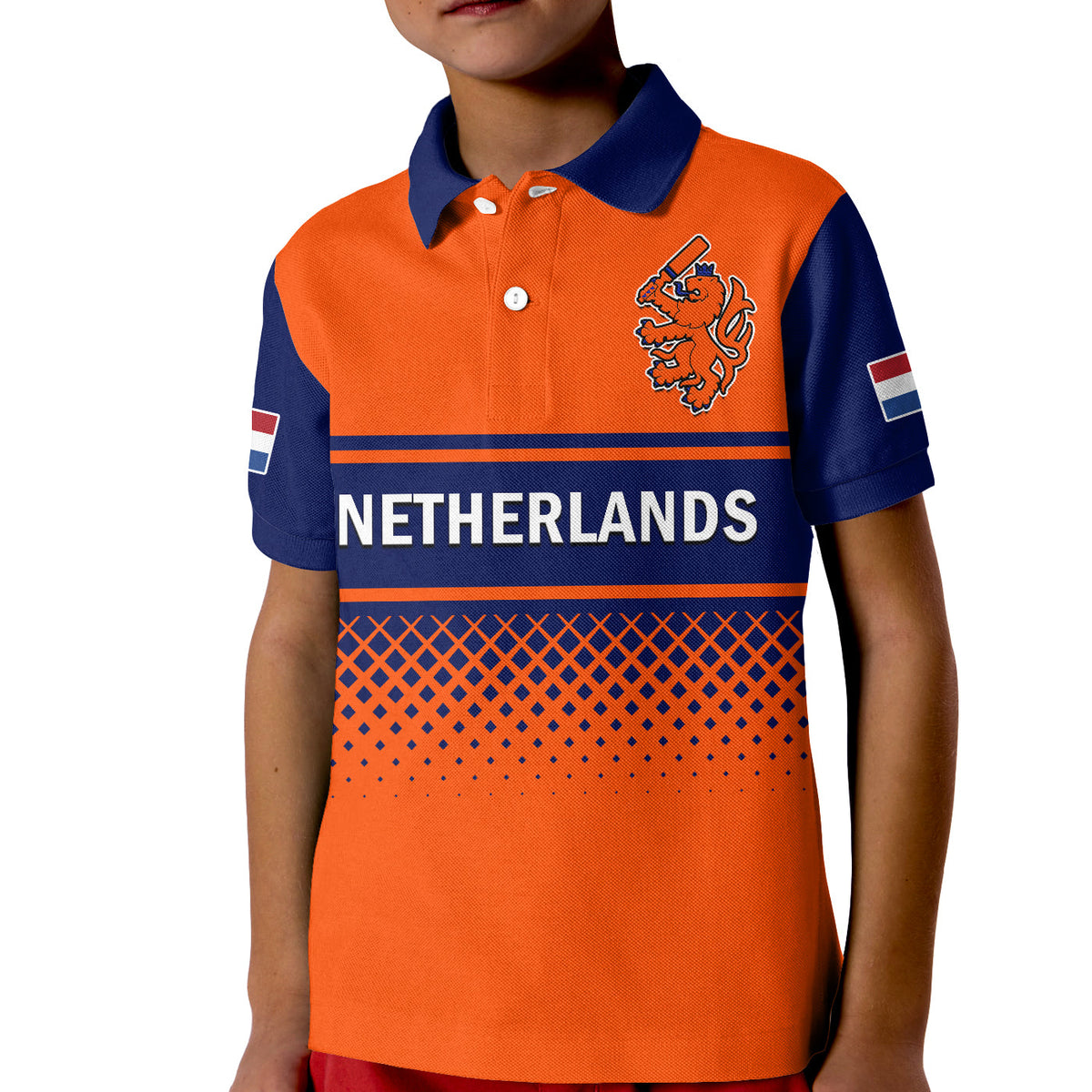 Kids orange cricket polo shirt with navy collar, Netherlands text, crest and graphic